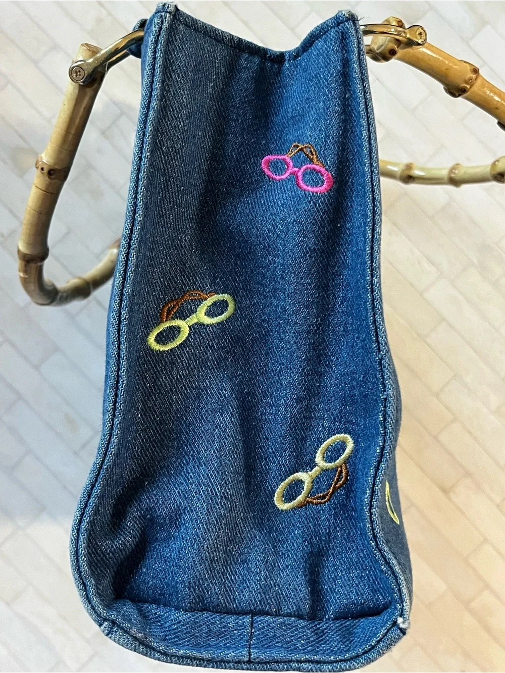 Denim Embroidered Glasses Satchel with Bamboo Handle Colorful - Picture 7 of 13
